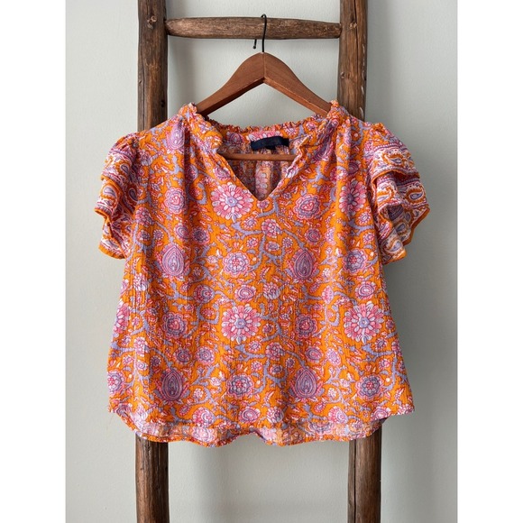 Floral Print Blouse Ruffle Sleeve V-Neck Top Bohemian Style  Size S - Picture 1 of 5